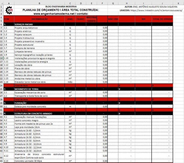 Planilha De Orçamento De Obra Download Grátis Das Planilhas Tc